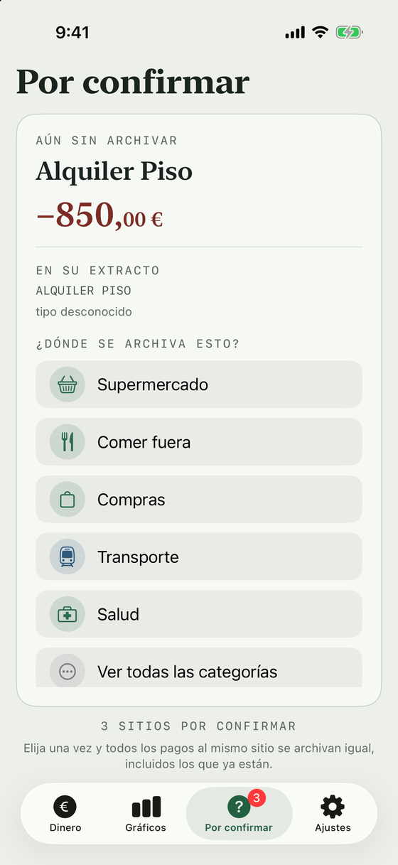 Una tarjeta que pregunta dónde van seis pagos al mismo sitio, con las fechas y los importes, y una lista de categorías para elegir.