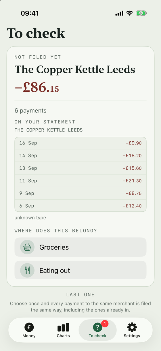 A card asking where six payments to one café belong, with the dates and amounts listed and a row of categories to choose from.